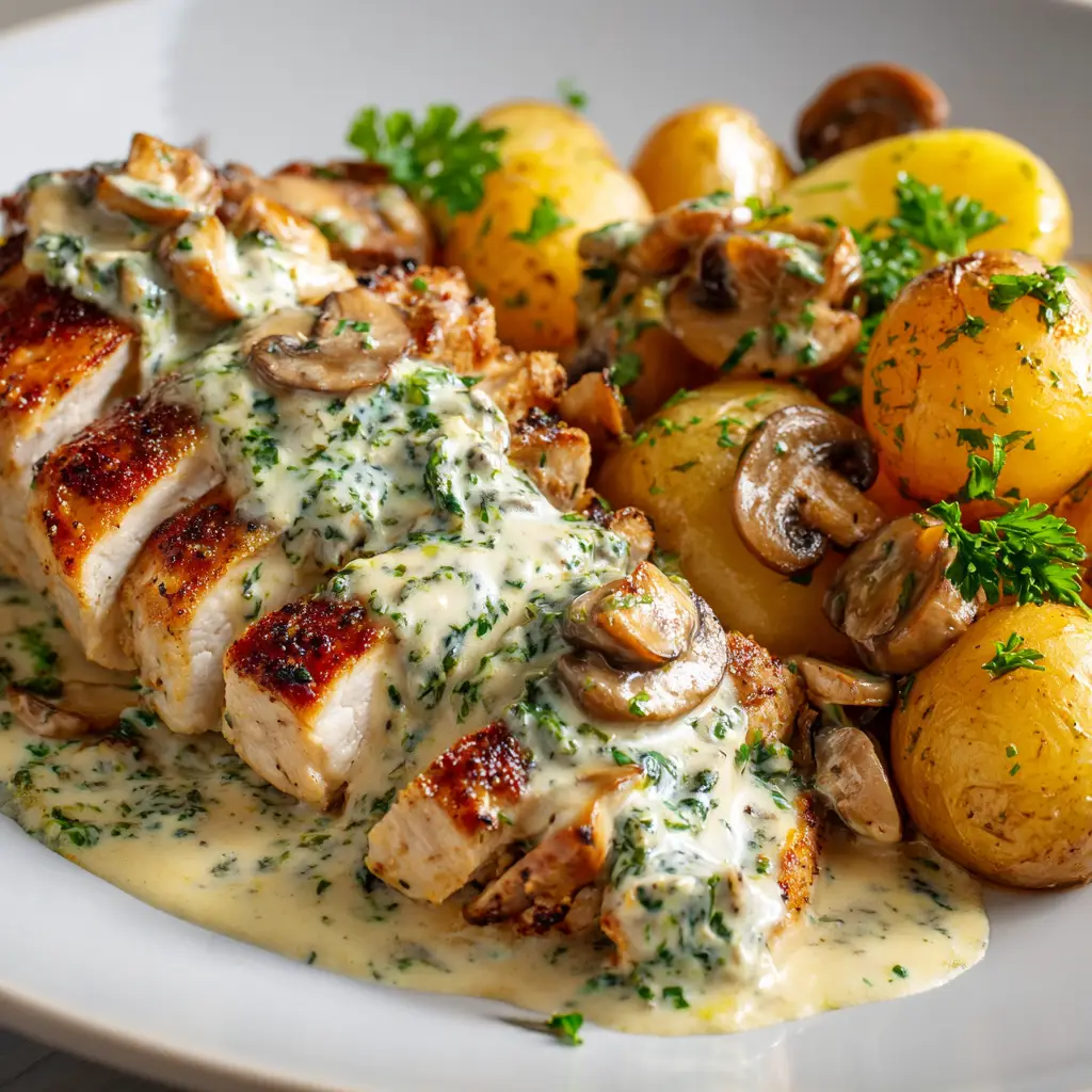 Creamy Garlic Chicken and Potatoes (One-Pan Recipe) 2 The ingredients for creamy garlic chicken and potatoes laid out, including chicken thighs, baby potatoes, garlic, cream, and parmesan cheese.