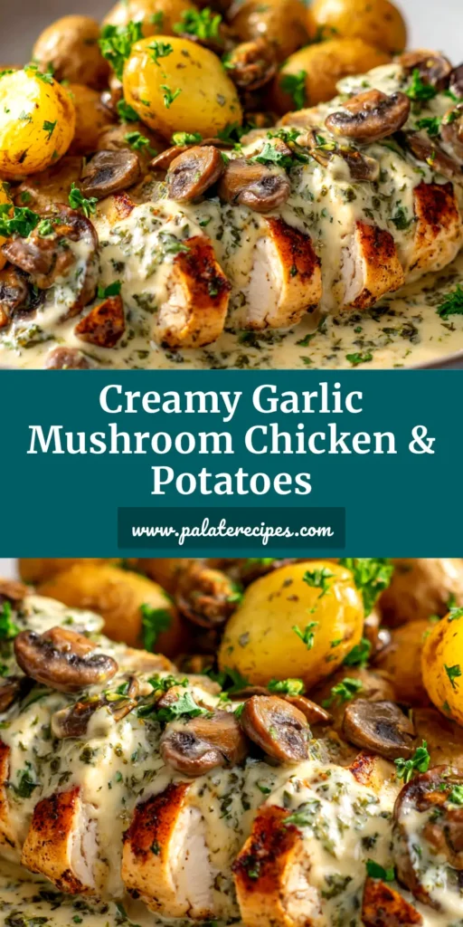 Creamy Garlic Chicken and Potatoes (One-Pan Recipe) 4 A top-down view of Creamy Garlic Chicken and Potatoes in a rustic black skillet, garnished with fresh parsley. The chicken is golden brown and the potatoes are coated in a rich, creamy sauce.