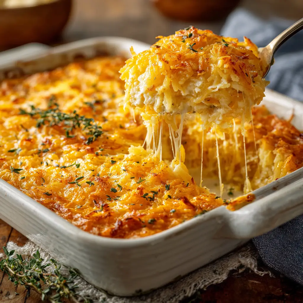 Cracker Barrel Hashbrown Casserole (The Ultimate Copycat Recipe) 2 A scoop of the creamy hashbrown casserole on a spatula, showing the rich, cheesy texture of the interior.