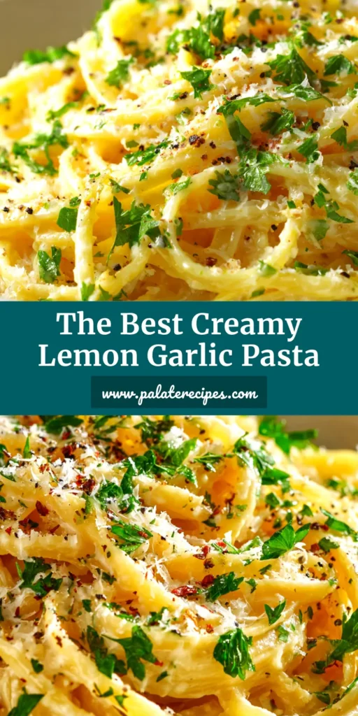 A stunning overhead shot of Creamy Lemon Garlic Pasta in a white bowl, garnished with fresh parsley and lemon slices. The perfect pin to save for a quick and easy dinner recipe.