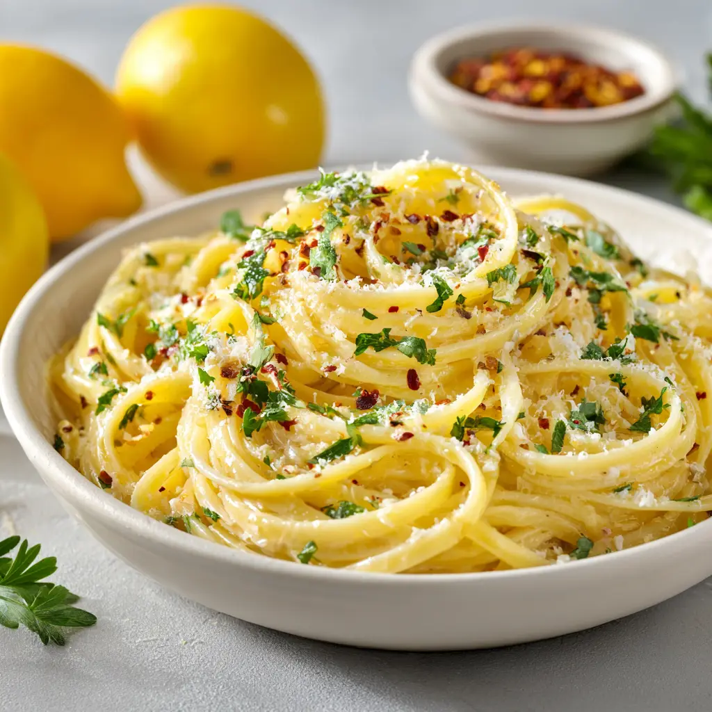 Lemon Butter Linguine: A Zesty 20-Minute Pasta Dish 3 A close-up shot of creamy lemon pasta being twirled on a fork, showing the silky texture of the garlic butter sauce.