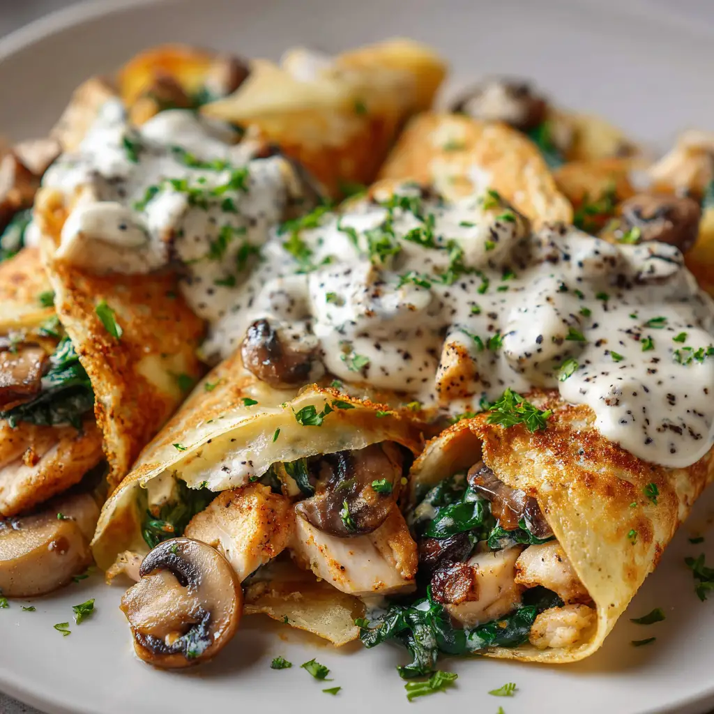 Savory Chicken Crepes: An Easy & Elegant Meal 3 A close-up shot of two savory chicken crepes on a white plate, showcasing the creamy filling and golden-baked cheese topping.