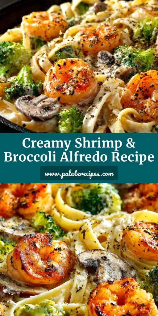 An overhead shot of a white bowl filled with creamy Shrimp Broccoli Alfredo, garnished with fresh parsley. The perfect weeknight pasta dinner.