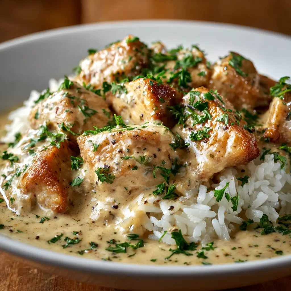 Smothered Chicken and Rice: The Ultimate Comfort Food Recipe 3 A close-up view of a creamy chicken and rice bake in a skillet, highlighting the savory, homemade gravy and tender chicken.