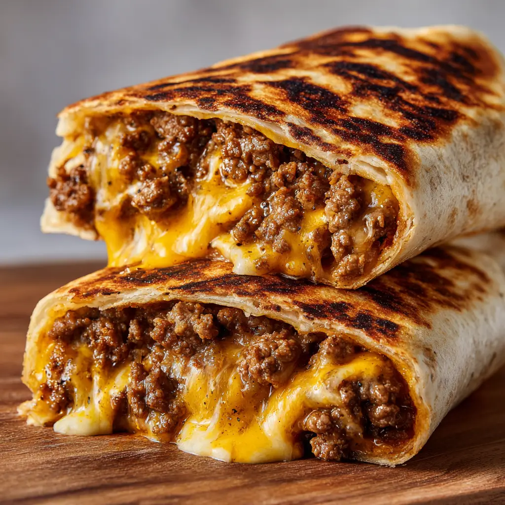 A food photography shot focusing on the golden-brown, crispy cheese crust of a homemade grilled cheese burrito.