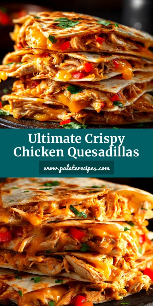 A plate of perfectly crispy chicken quesadillas cut into triangles, revealing melted cheese and seasoned chicken inside, served with a side of sour cream and fresh cilantro.