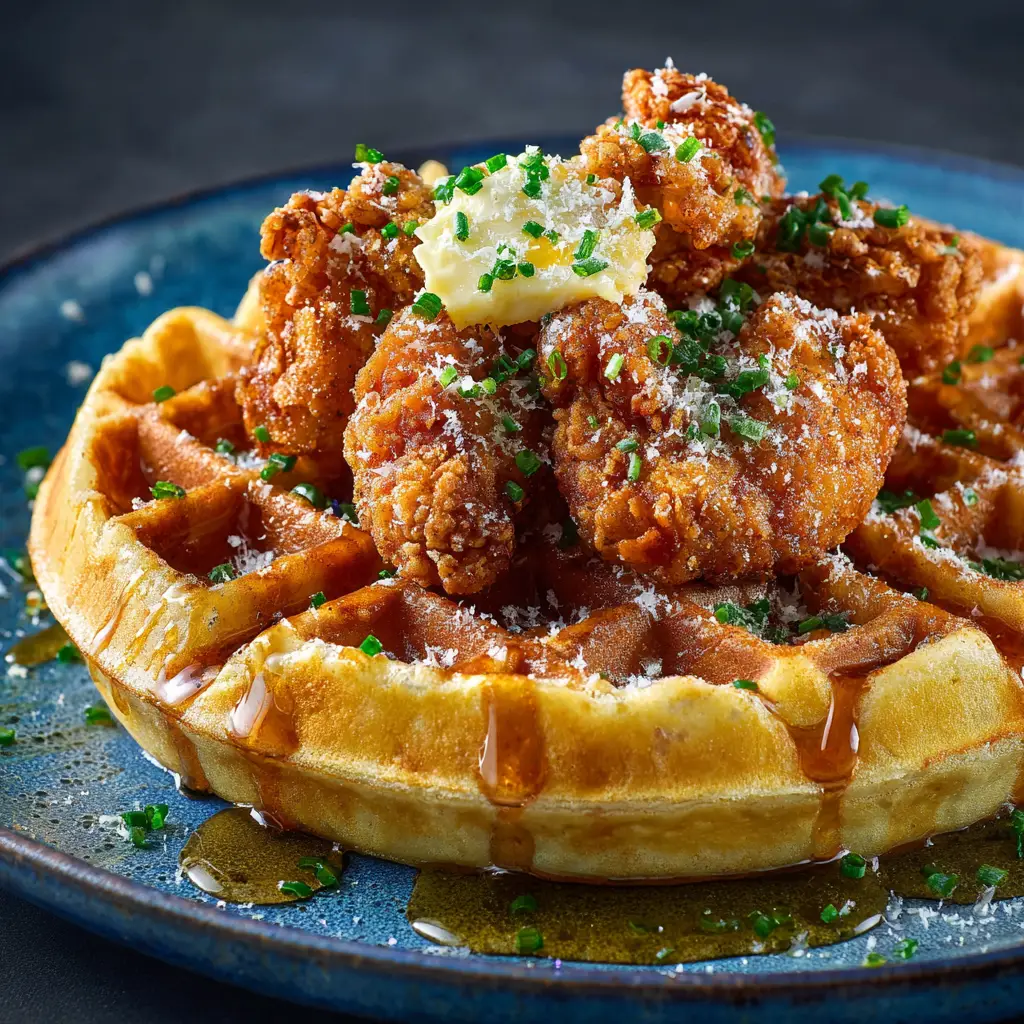 Chicken and Waffles Recipe (The Ultimate Crispy & Fluffy Guide) 2 Crispy fried chicken resting on a wire rack after being cooked, showing off its crunchy, seasoned crust, a key component of the chicken and waffles recipe.