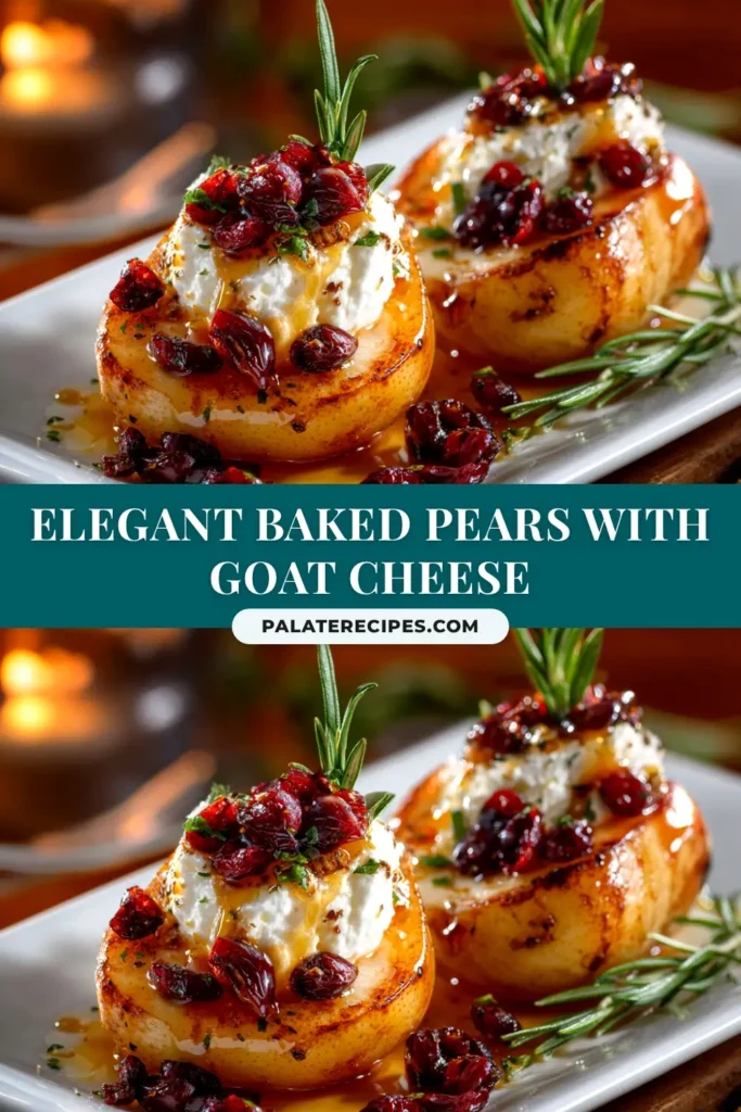 An overhead shot of four perfectly baked pears in a white baking dish, topped with a golden brown sugar glaze and crunchy walnuts. The title 'Easy Baked Pears' is displayed in elegant font.