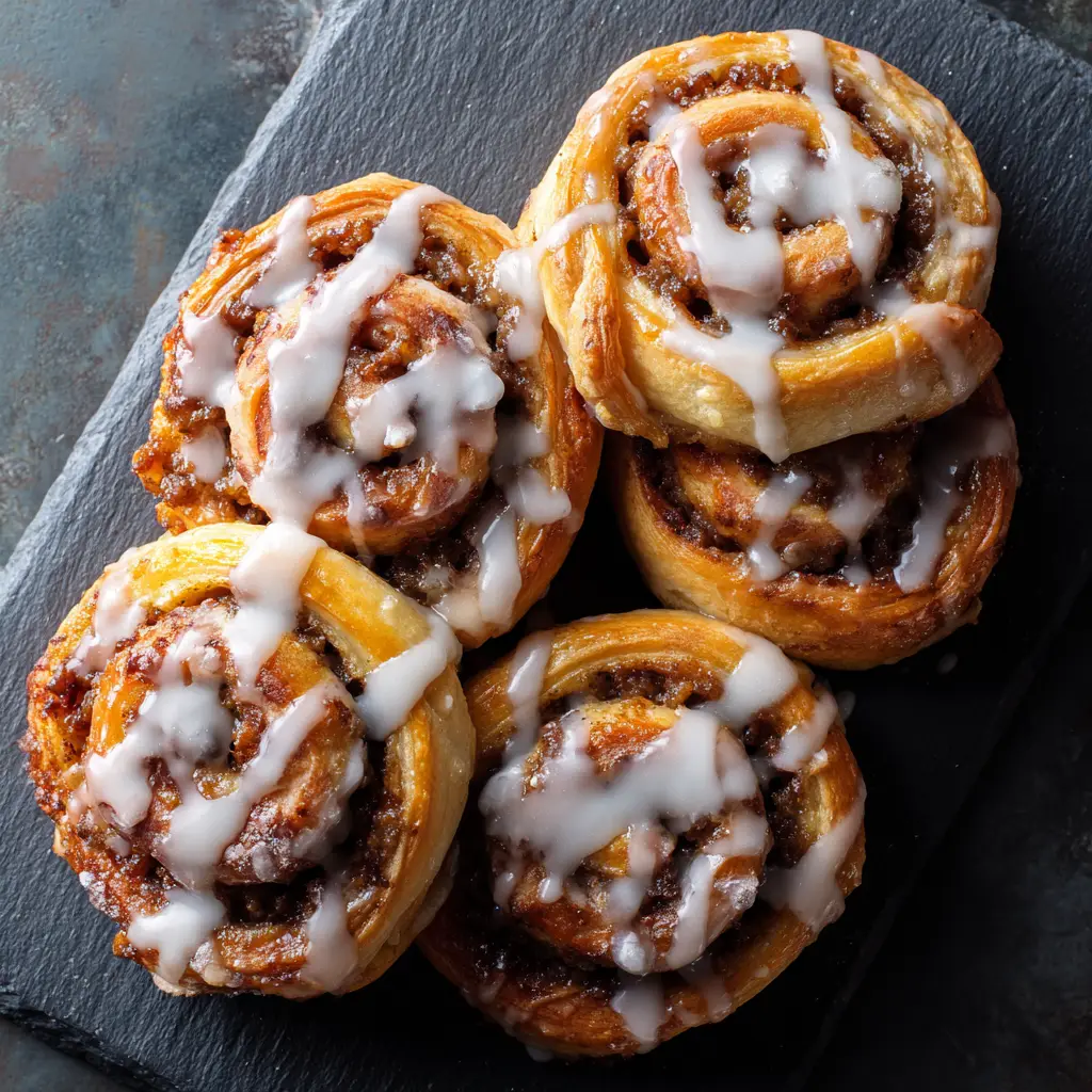 A beautiful arrangement of sausage cinnamon roll-ups on a platter, illustrating an easy breakfast recipe for a crowd.