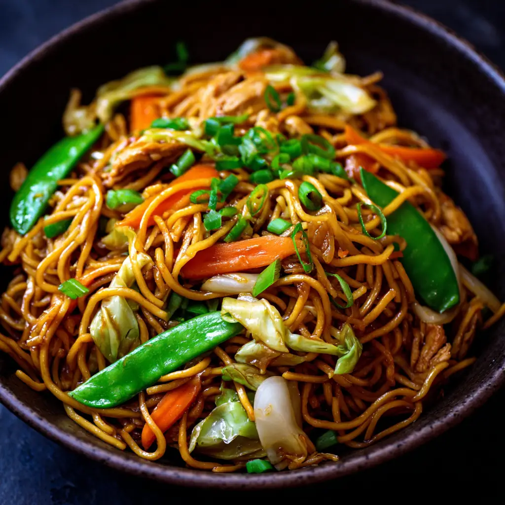 A heaping portion of chicken chow mein in a bowl, with chopsticks resting on the side. The image highlights the variety of vegetables like carrots and cabbage in the stir-fry.