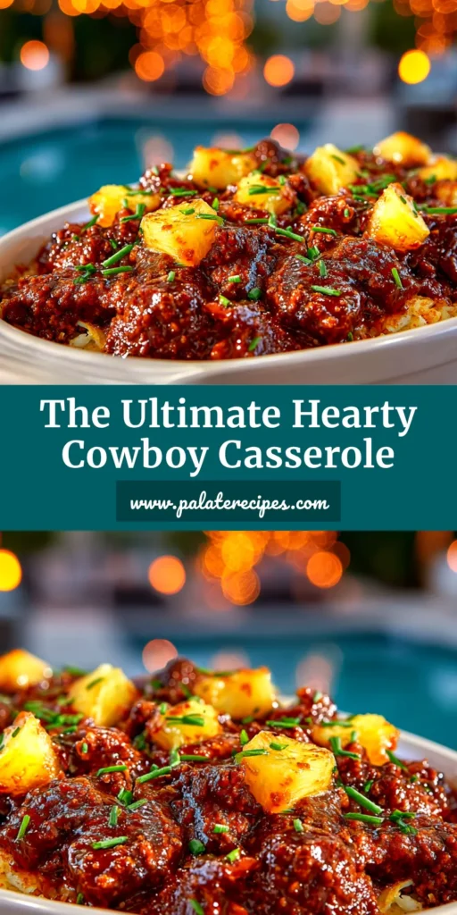 A delicious and hearty Cowboy Casserole in a cast iron skillet, topped with golden-brown tater tots and melted cheddar cheese. A scoop is being lifted out, showing the rich ground beef and bean filling.