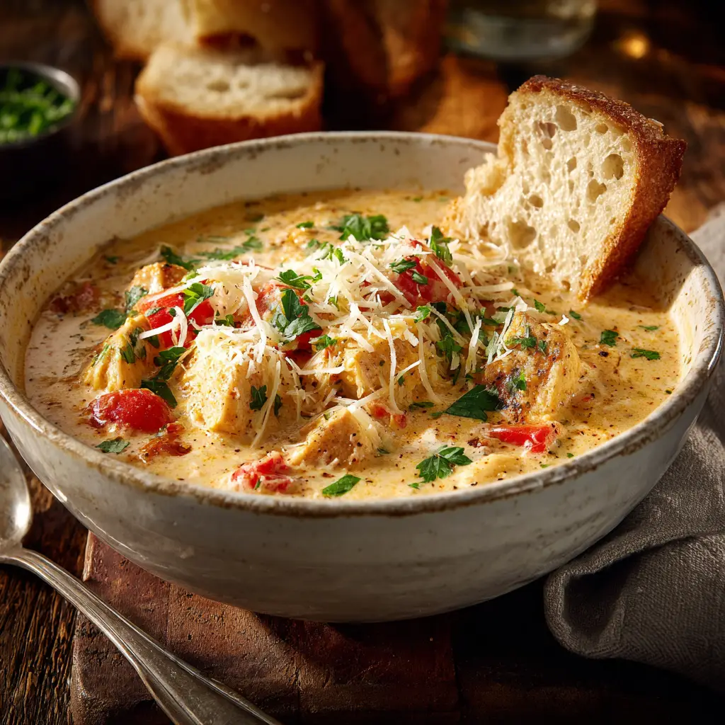 An overhead view of the creamy chicken parmesan soup in a bowl, garnished with fresh basil leaves, illustrating an easy chicken soup recipe.