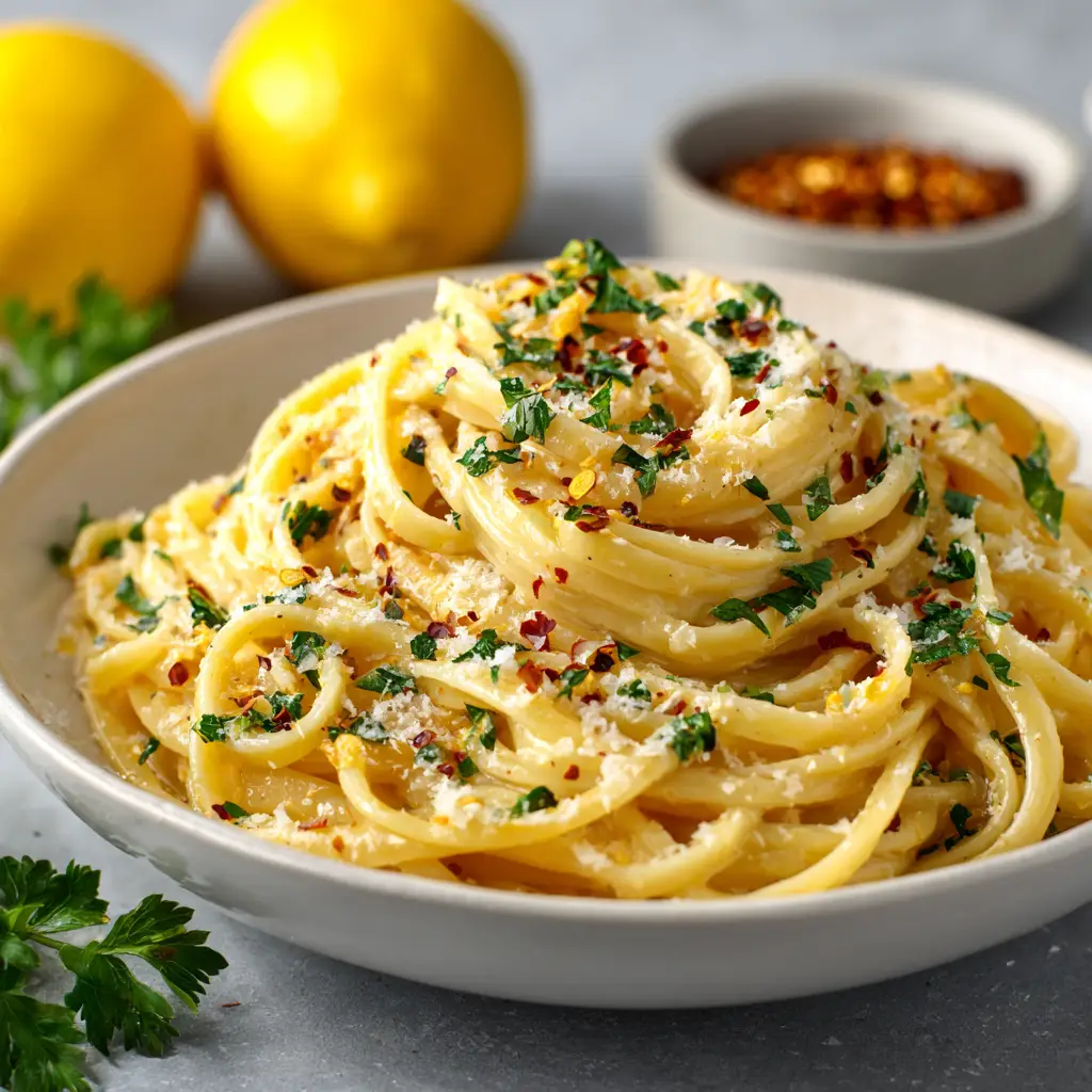 Lemon Butter Linguine: A Zesty 20-Minute Pasta Dish 2 A pan of freshly made Lemon Butter Linguine with fresh parsley and lemon wedges on the side, ready to be served.