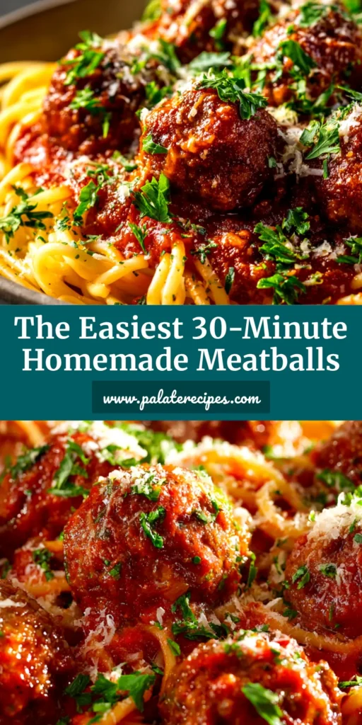 Easy Meatball Recipe (That's Absolutely Foolproof!) 5 An overhead shot of juicy, homemade meatballs from an easy meatball recipe, simmering in a rich tomato sauce in a skillet.
