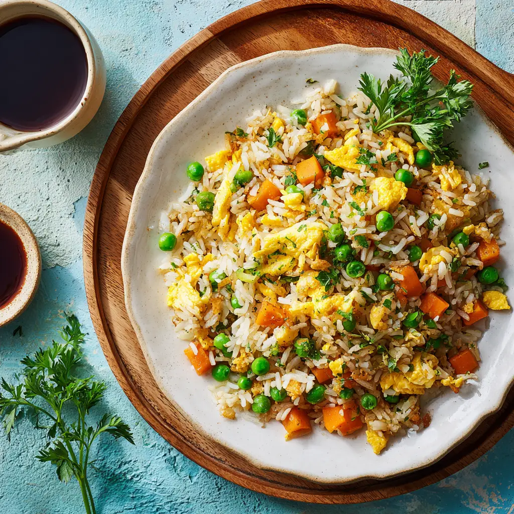A step-by-step visual showing how to make egg fried rice, with fluffy scrambled eggs being folded into the savory rice and green onions.
