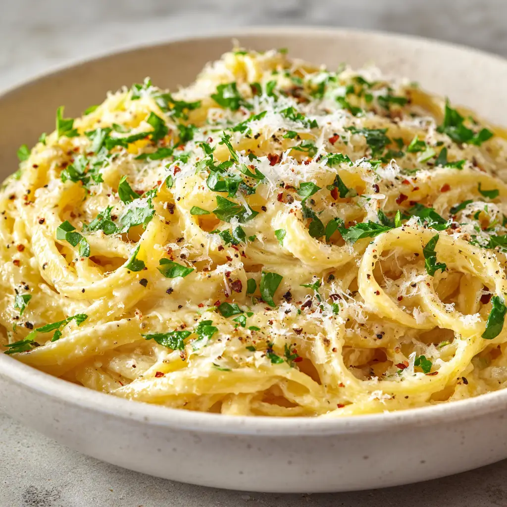 A beautiful serving of the easy weeknight pasta in a rustic bowl, garnished with fresh parsley and a lemon wedge on the side.