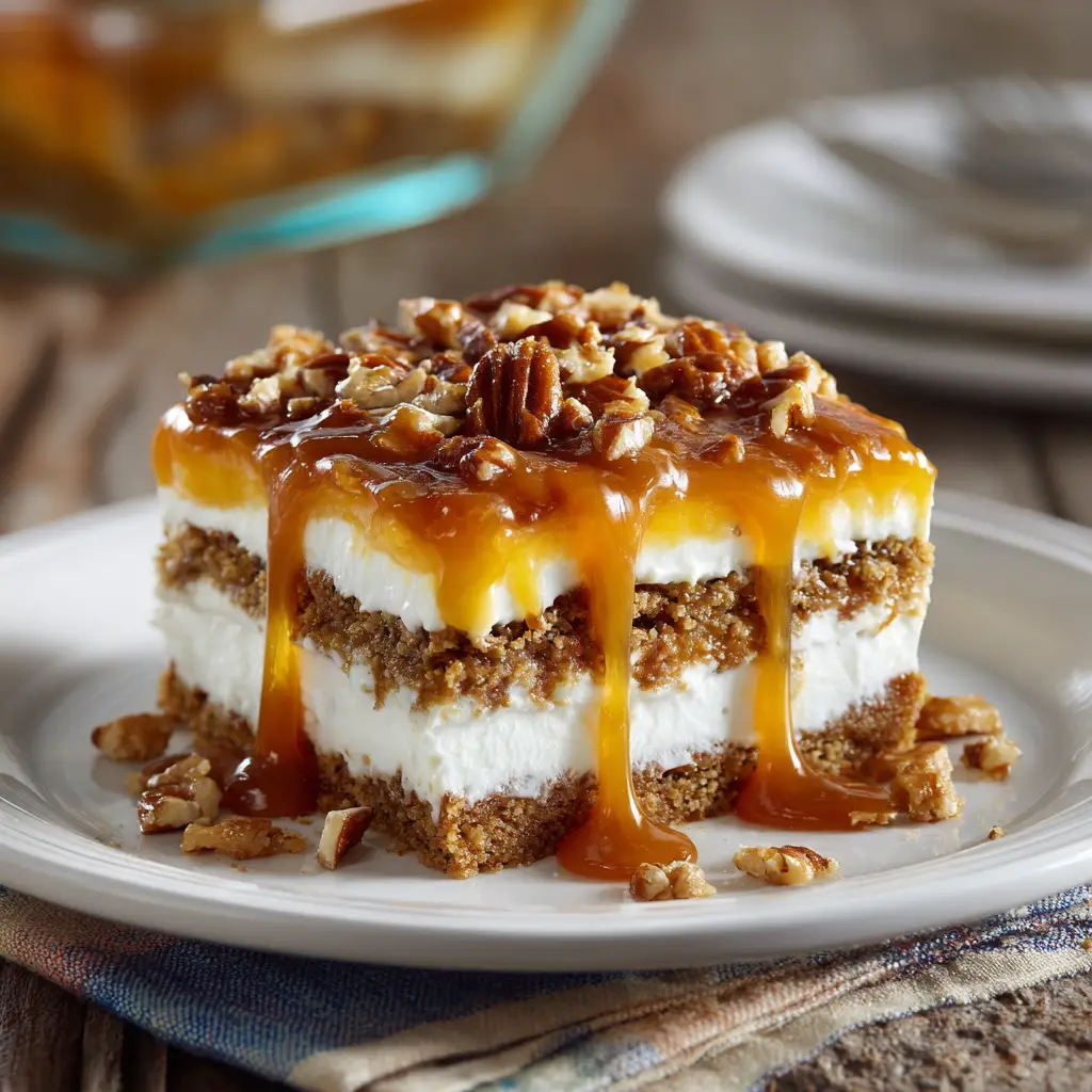 A fork cutting into a piece of no-bake caramel pecan lasagna, with a bit of caramel stretching from the slice.