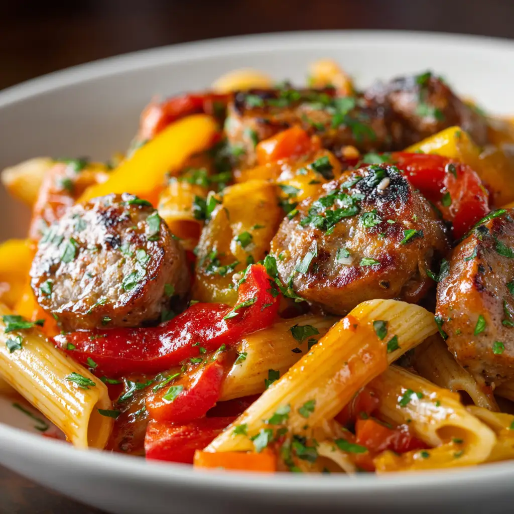 Sausage and Pepper Pasta (The Ultimate Weeknight Recipe) 2 A fork twirling a bite of Sausage and Pepper Pasta from a bowl, showcasing the tender pasta, sausage, and peppers coated in sauce.