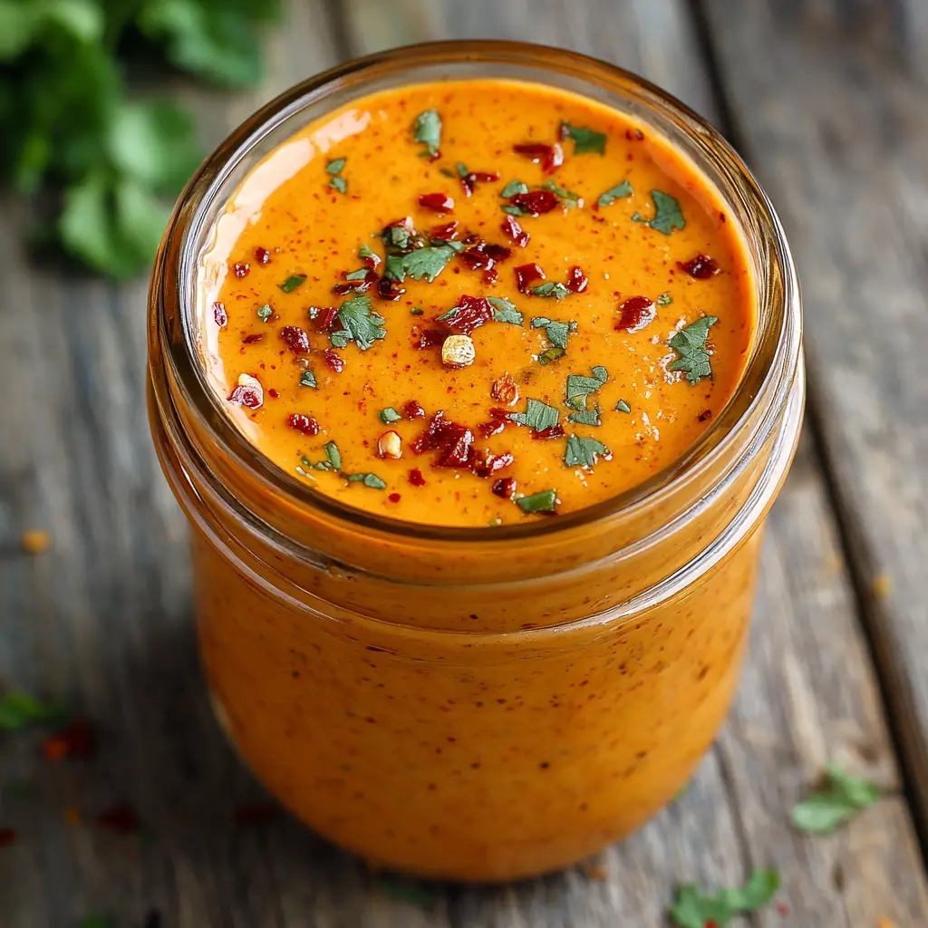 The finished spicy sauce recipe poured into a glass jar, highlighting its beautiful color and consistency. It's ready for storage or immediate use.