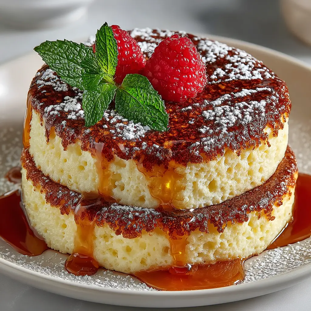 Japanese Pancakes: The Ultimate Guide to Fluffy Soufflé Perfection 3 A close-up shot of two fluffy soufflé pancakes, highlighting their incredible height and airy texture.