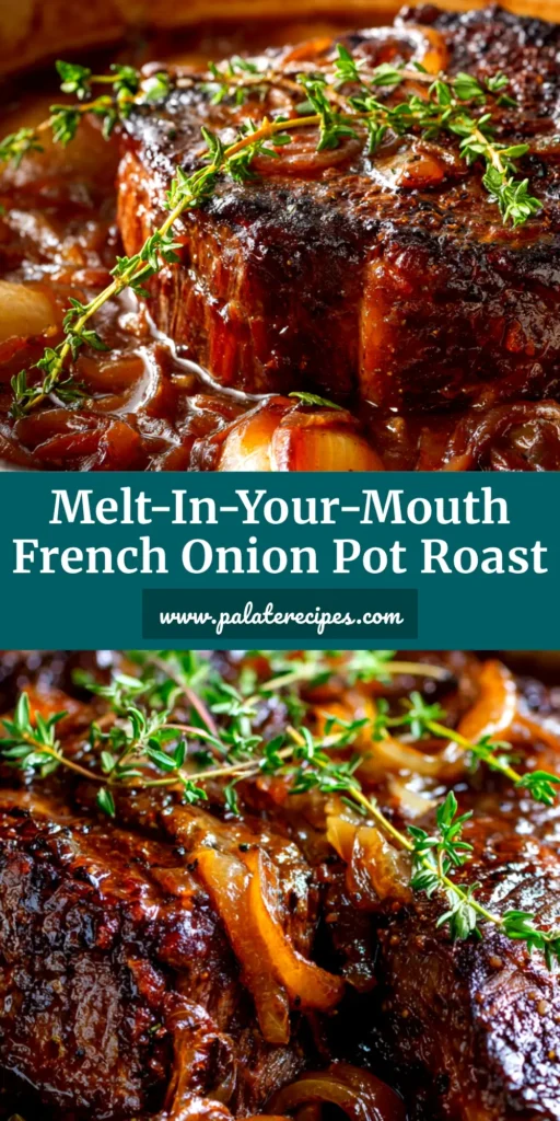 An overhead shot of a finished French Onion Pot Roast in a rustic dutch oven, topped with golden-brown melted Gruyère cheese and toasted bread.