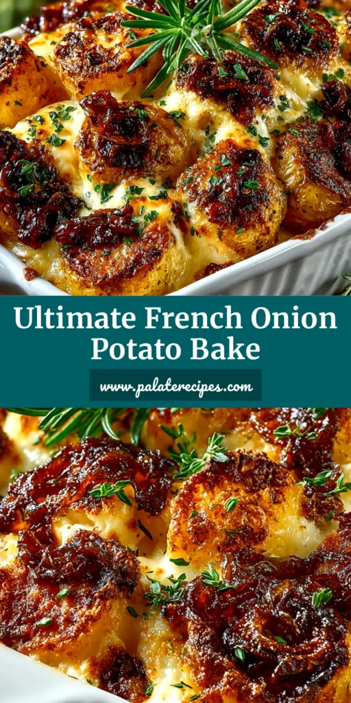 A top-down view of a delicious French Onion Potato Bake in a rustic baking dish, showcasing its golden-brown cheesy crust and bubbly texture.