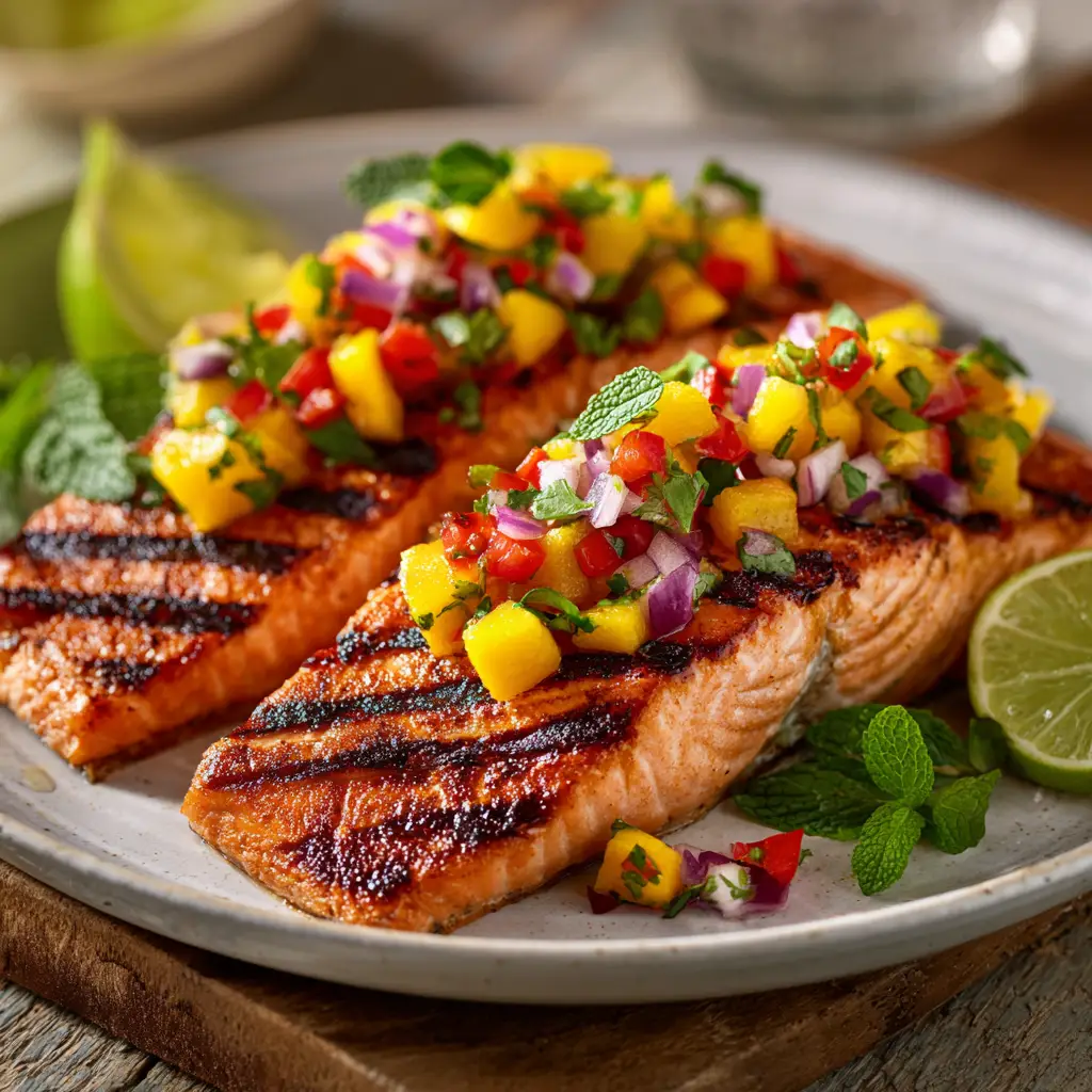 A bright and colorful bowl of fresh mango salsa, featuring diced mango, red onion, cilantro, and jalapeño.