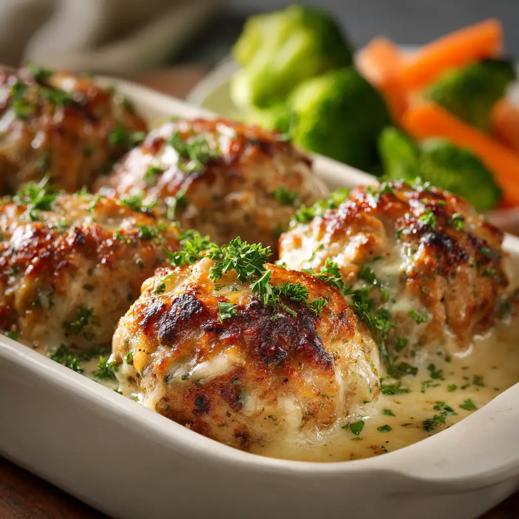 Garlic Parmesan Chicken Meatloaves: The Ultimate Weeknight Dinner 3 An extreme close-up shot of a single mini chicken meatloaf, showing the juicy texture and golden-brown parmesan crust.
