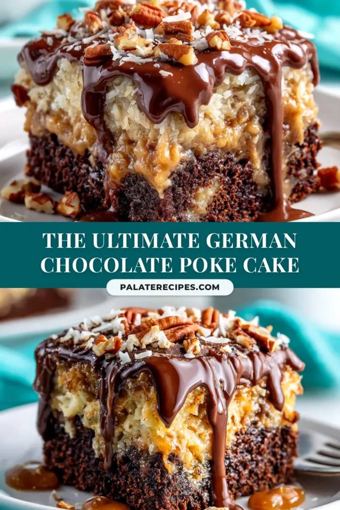 A decadent slice of German Chocolate Poke Cake on a white plate, showcasing the moist chocolate cake, creamy filling, and rich coconut-pecan topping.