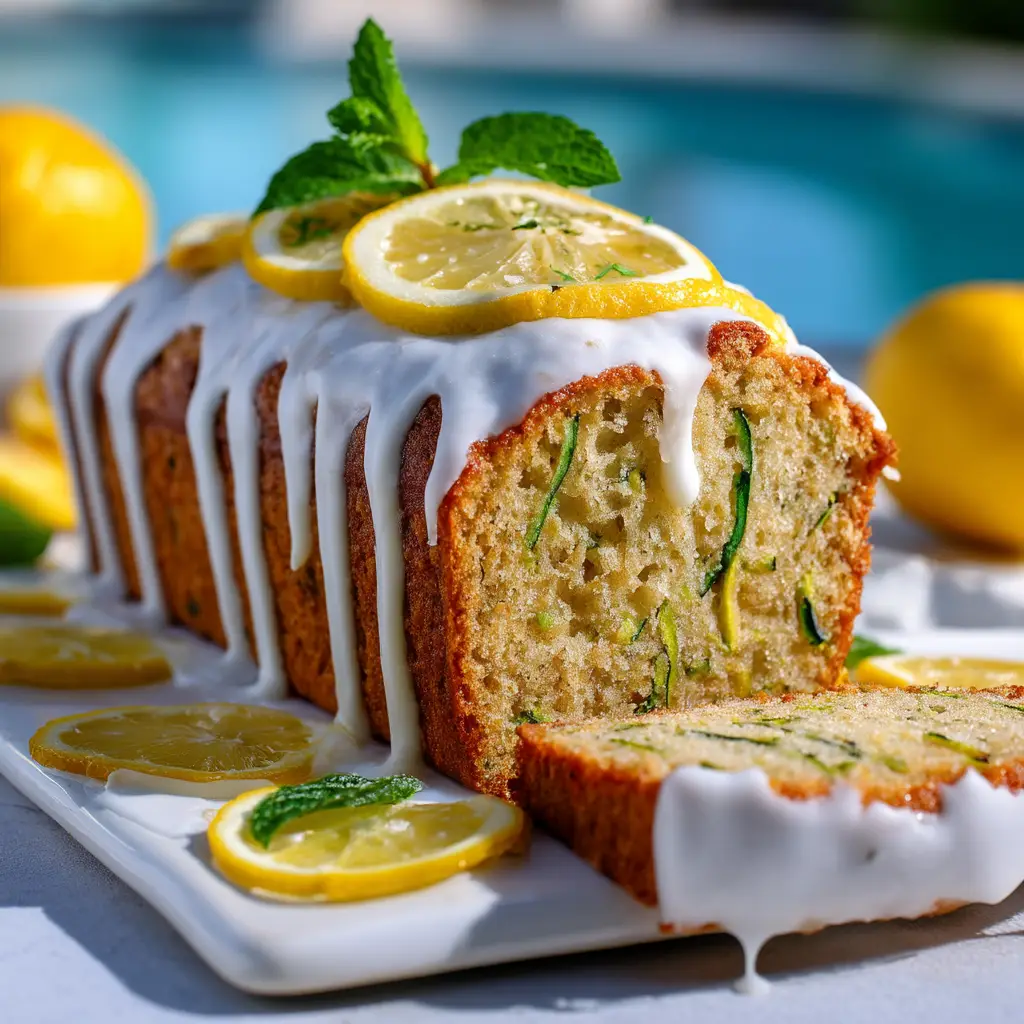 The full lemon zucchini loaf cake on a cooling rack, with the bright lemon glaze just applied and dripping down the sides.