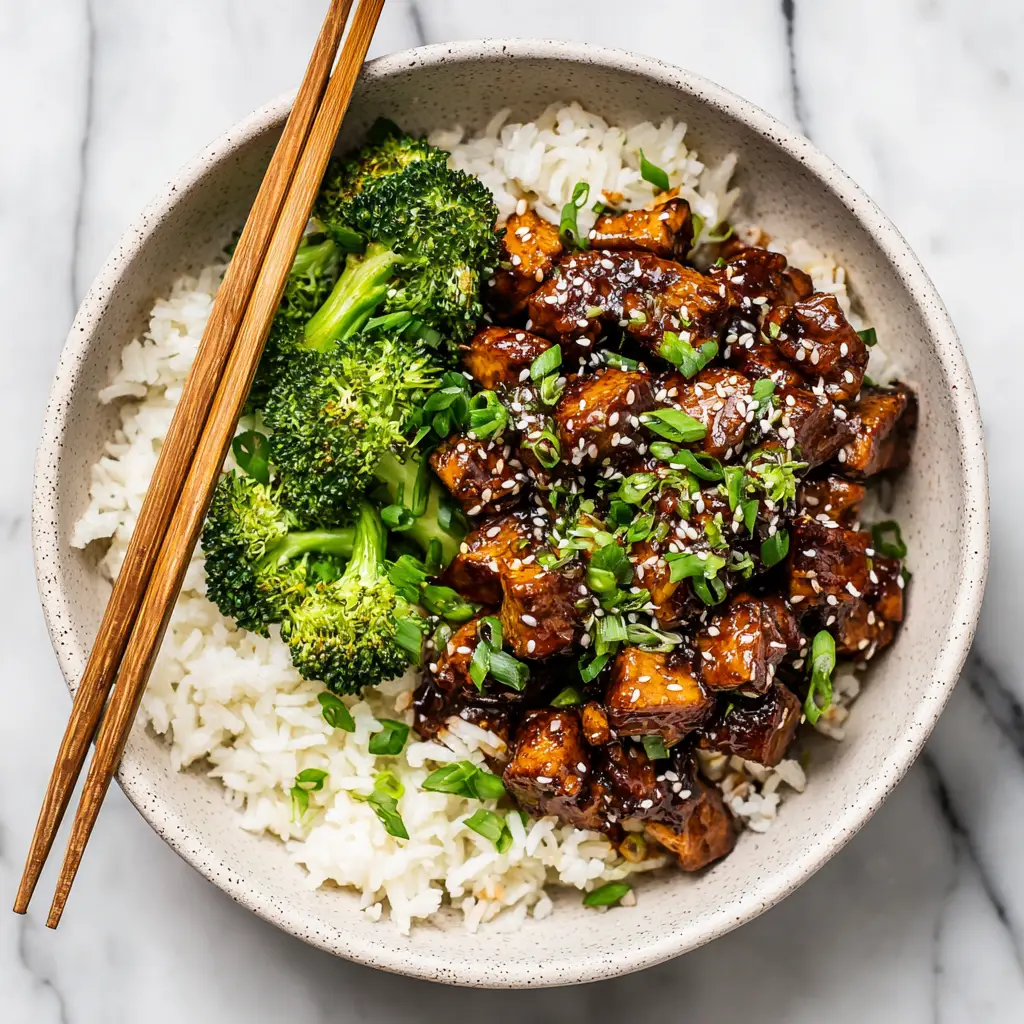 Teriyaki Chicken Bowl (Ready in 20 Minutes!) 2 A close-up shot of the teriyaki chicken bowl, showing the texture of the glossy sauce on the chicken pieces, garnished with sesame seeds and fresh green onions.