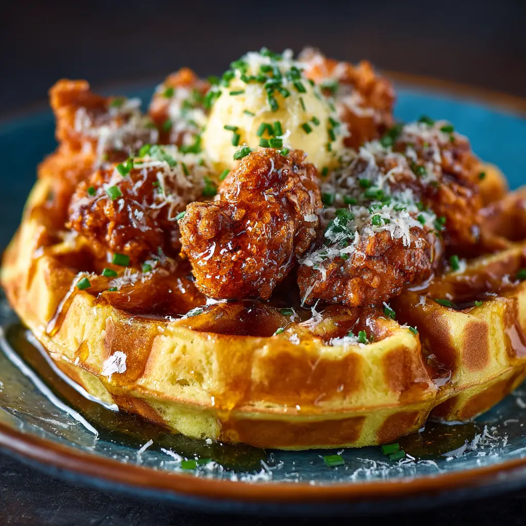 Chicken and Waffles Recipe (The Ultimate Crispy & Fluffy Guide) 3 A close-up of a perfectly cooked, golden brown Belgian waffle, showcasing its deep pockets and fluffy texture, ready for a chicken and waffles recipe.
