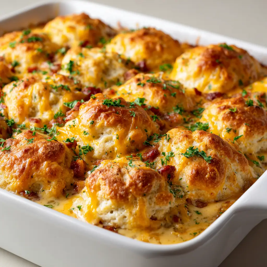 The Chicken Biscuit Casserole just out of the oven, with a perfectly golden brown and bubbly biscuit topping.