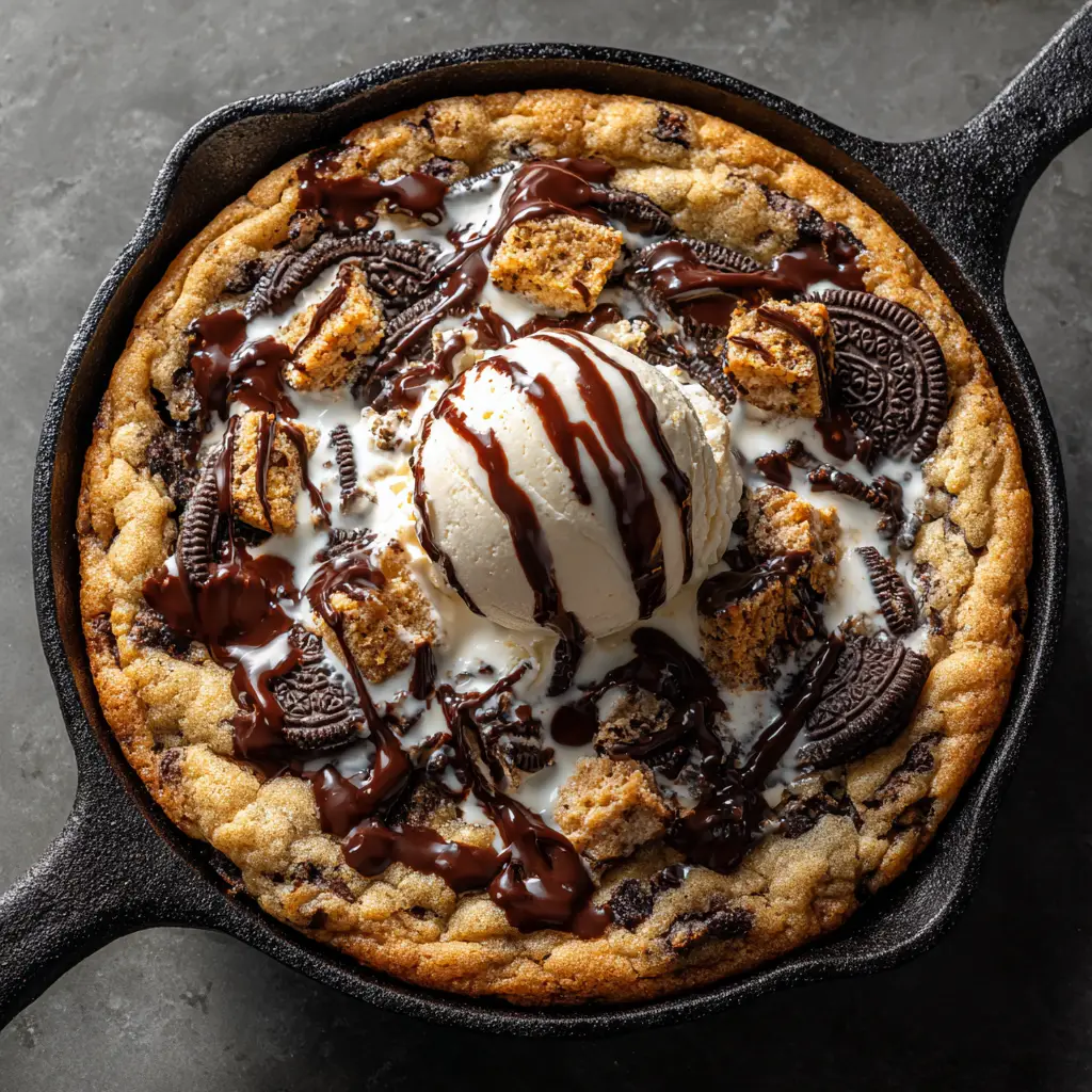 A spoonful of the warm Oreo skillet cookie being lifted from the pan, showing the gooey, melted inside texture.