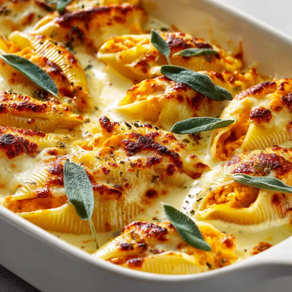 A single serving of Gouda cheese stuffed shells on a plate, showcasing the creamy pumpkin filling and savory sage sauce.