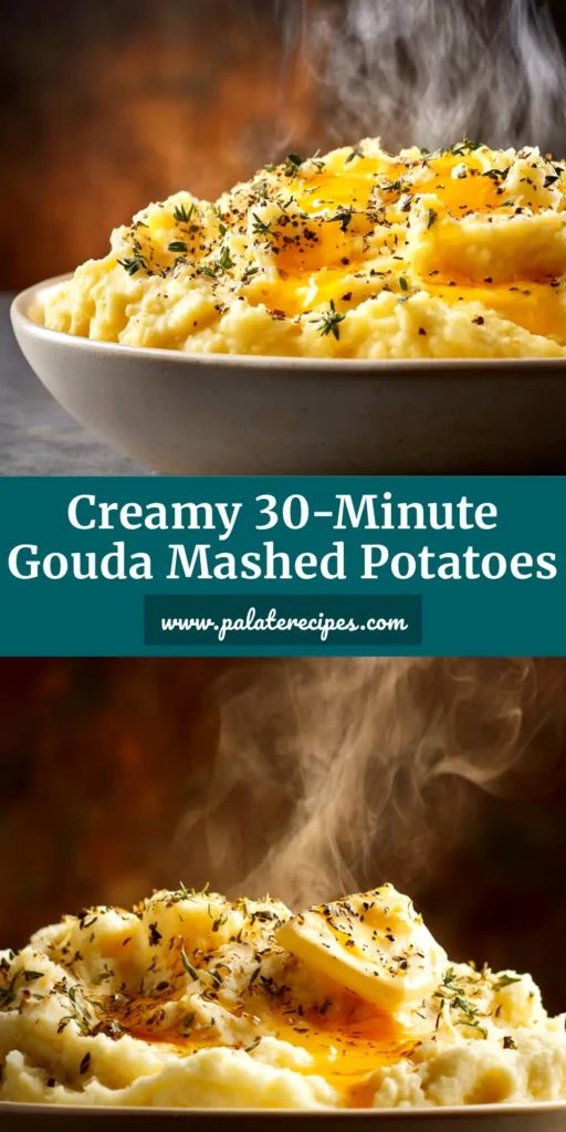 A top-down view of a serving bowl filled with creamy Gouda mashed potatoes, garnished with fresh chives.