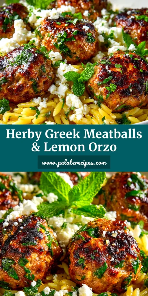 A top-down view of a skillet filled with Greek Meatballs Lemon Orzo, garnished with fresh dill and crumbled feta cheese. The one-pan dish is vibrant and ready to be served.