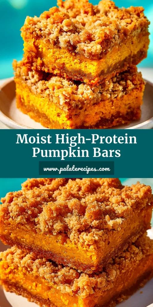 A close-up shot of Greek yogurt pumpkin bars stacked on a plate. The bars have a golden crumble topping and a moist, orange-hued interior, illustrating a healthy and easy pumpkin dessert recipe.