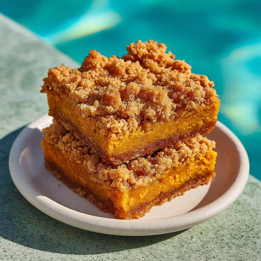 A serving of Greek yogurt pumpkin bars on a plate, ready to be eaten. The image emphasizes the homemade quality and rich fall colors of this healthy pumpkin recipe.