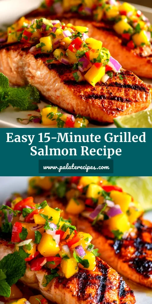 A close-up of a perfectly grilled salmon fillet topped with a generous portion of fresh, colorful mango salsa, served on a white plate.