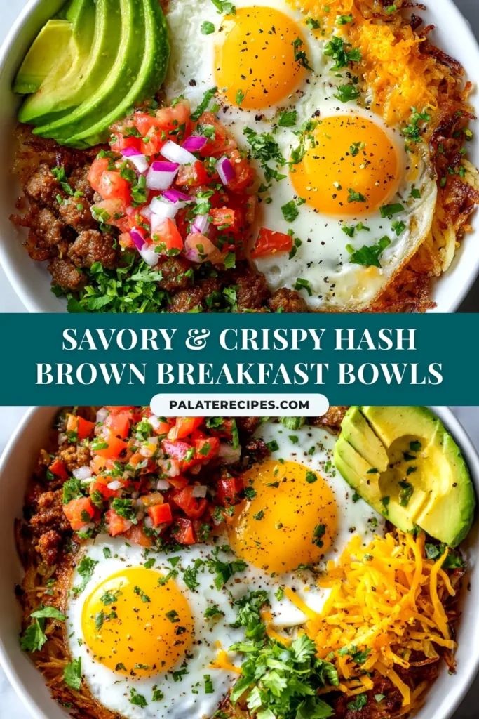 A delectable Hash Brown Breakfast Bowl shown in a white bowl, topped with a fried egg, bacon, and fresh chives. The perfect make-ahead breakfast idea.