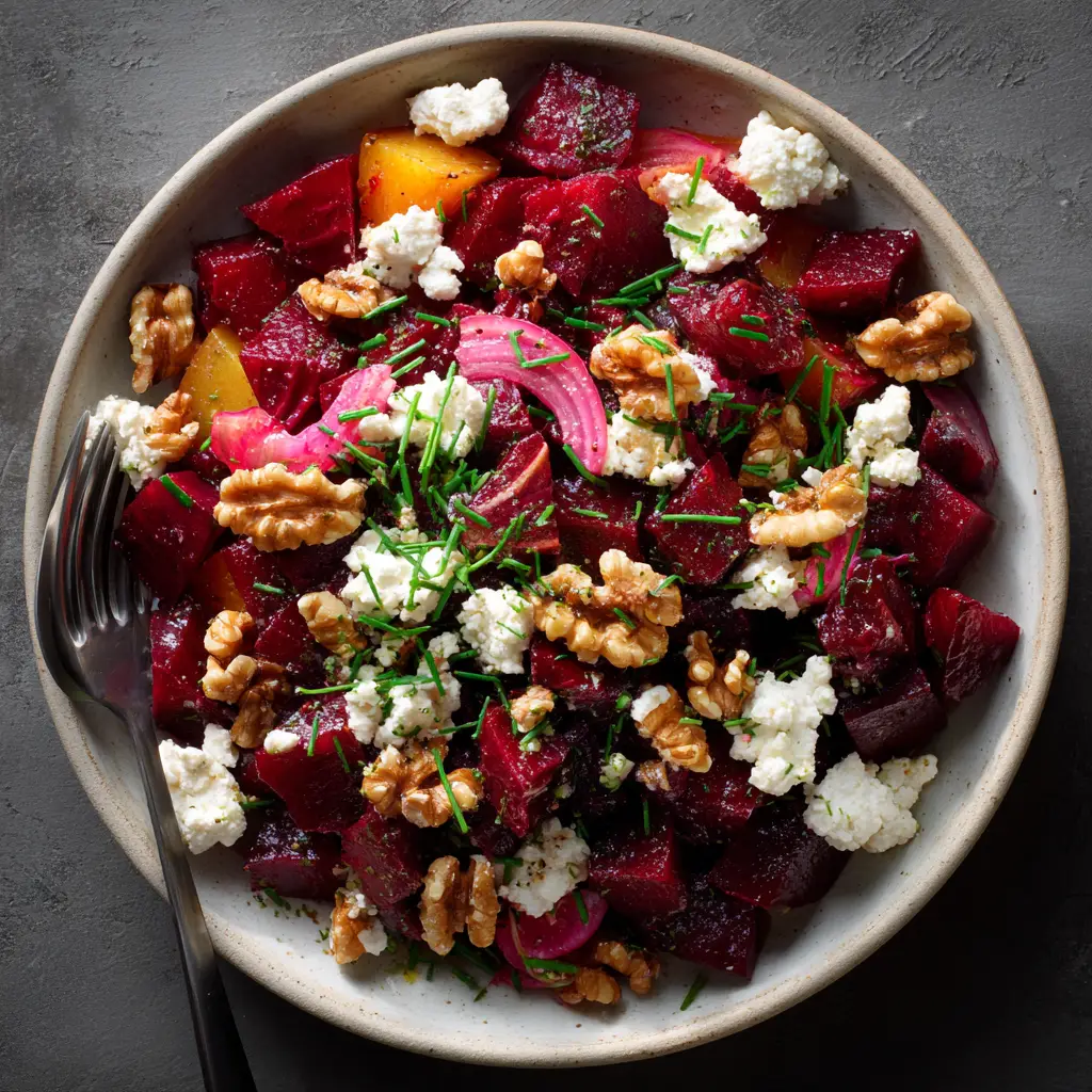 A bright and fresh beet salad with feta cheese in a large serving bowl, ready to be enjoyed. The simple balsamic vinaigrette has been drizzled over the top.