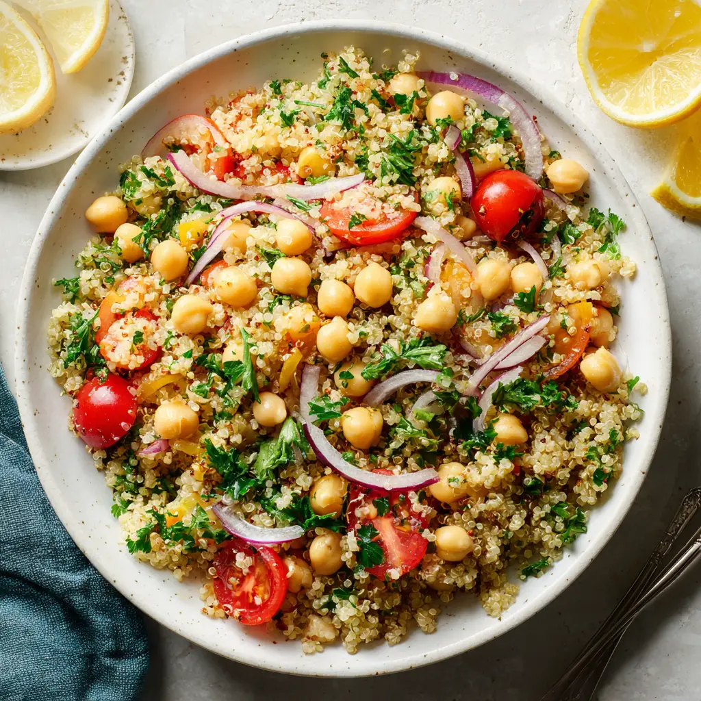 A bowl of healthy quinoa salad with lemon and herbs, shown from an angle to display its serving potential.