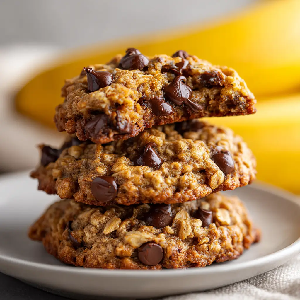 A stack of healthy banana oatmeal cookies ready to be eaten. A great recipe for using ripe bananas.