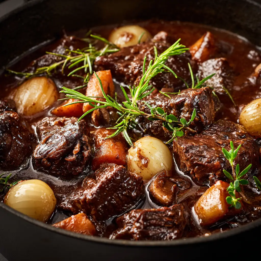 A spoonful of hearty beef and beer stew being lifted from a cast-iron pot, showing the rich texture of the gravy.