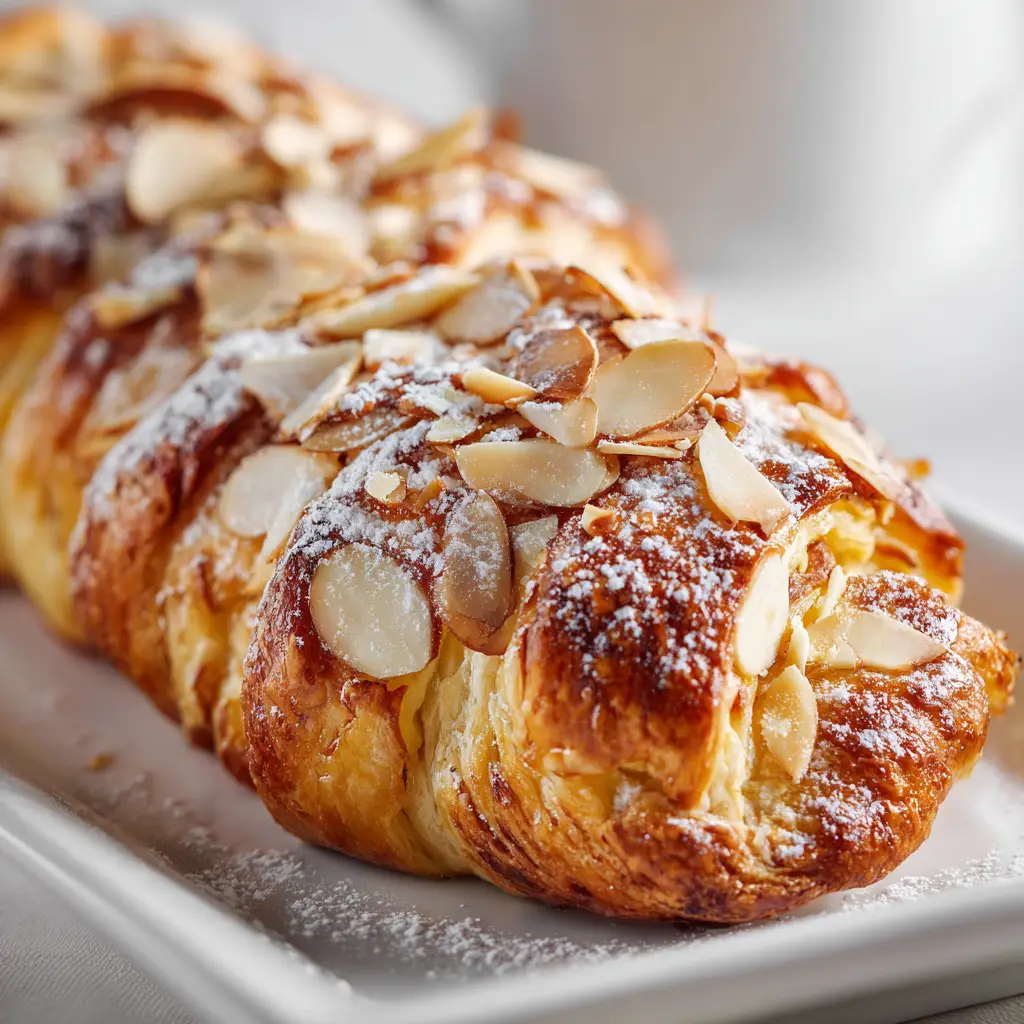 A stack of homemade almond puff pastries, showing the rich almond filling and buttery layers of the baked goods.