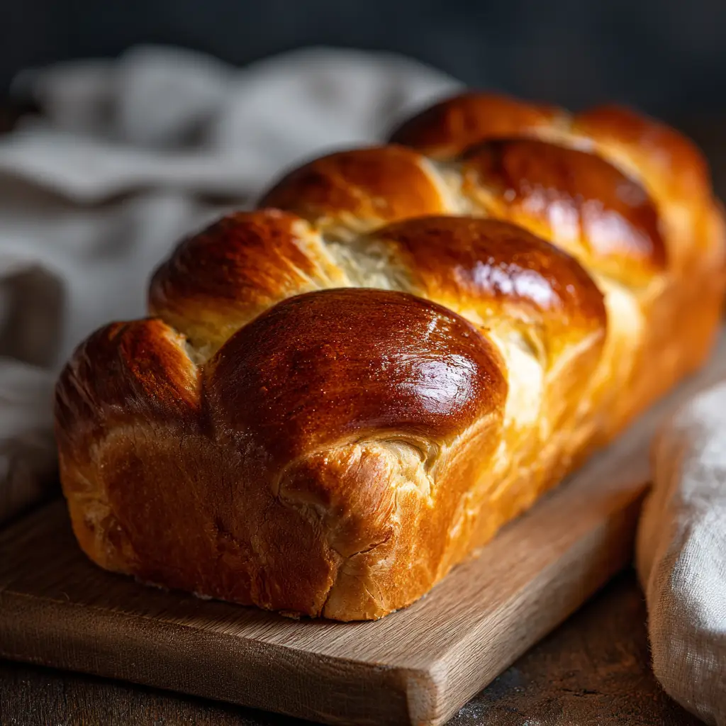 Amish Sweet Bread (The Easiest No-Starter Recipe) 3 A whole loaf of homemade Amish sweet bread resting on a rustic wooden board, showcasing its perfectly golden-brown crust.