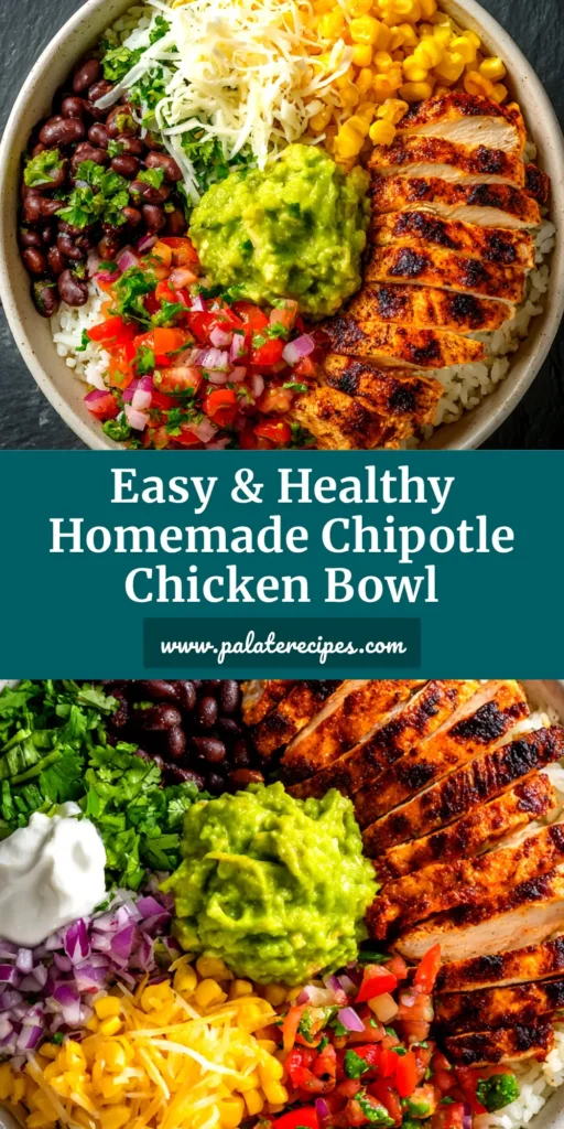 An overhead shot of a delicious homemade Chipotle Chicken Bowl, loaded with seasoned chicken, cilantro-lime rice, corn salsa, black beans, and fresh toppings.