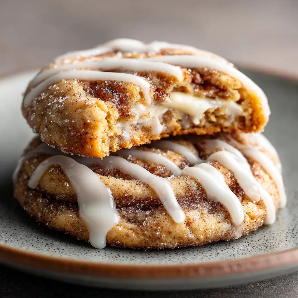 Cinnamon Roll Cheesecake Cookies: The Ultimate Dessert Mashup 2 A top-down view of several cinnamon roll cheesecake cookies cooling on a wire rack after baking, before being iced.