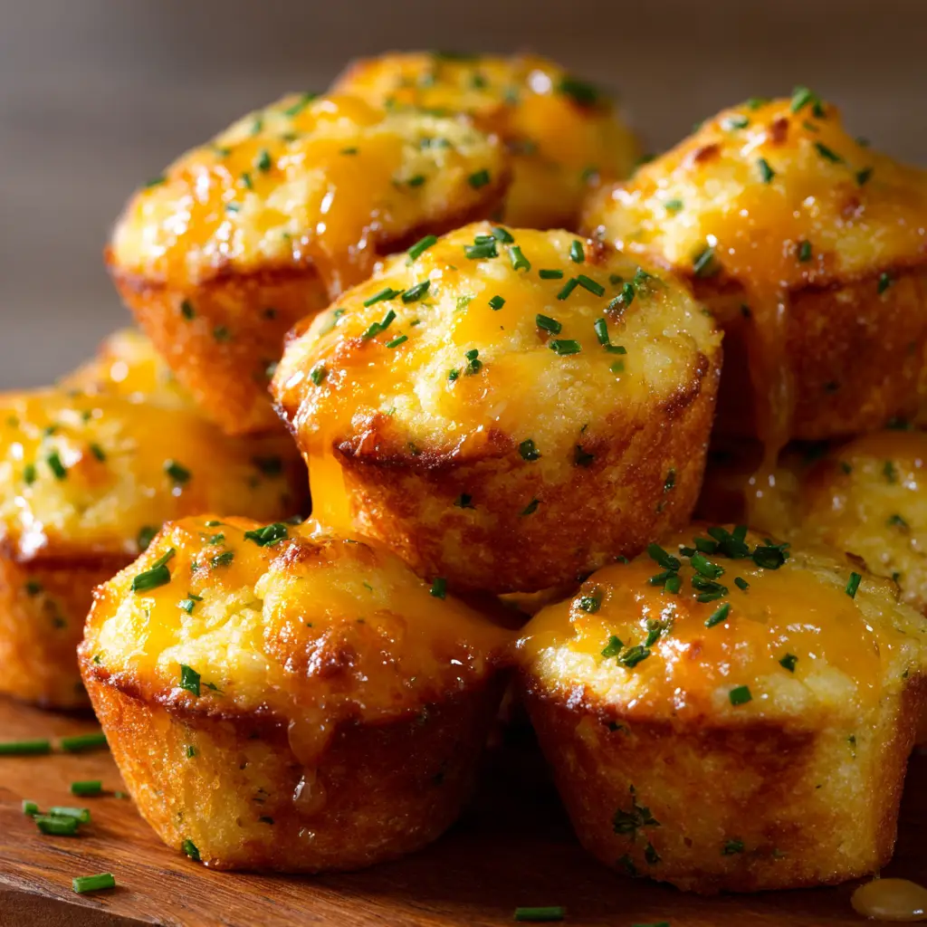 A serving of homemade cornbread muffins filled with cheese and jalapeños, ready to be served as a party appetizer.